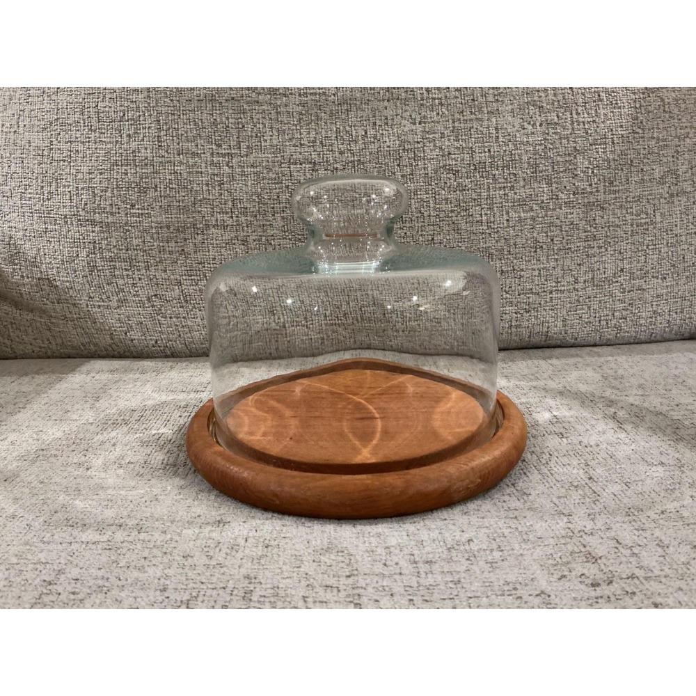 Gailstyn-Sutton Teak Wood Cheese Board with Glass Dome Cloche Mid Century Modern